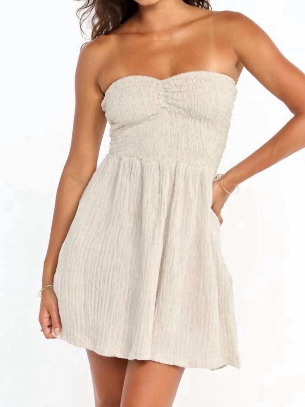 BENOA Caitie Dress in Flax—Strapless Smocked Bodice Midi Dress